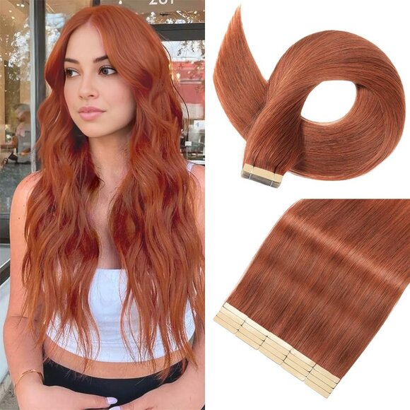 20Pcs 14 Inch Dark Reddish Auburn Tape-in Hair Extensions, Human Hair for Women